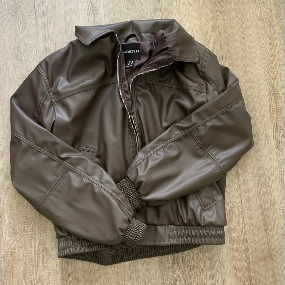 Arden B Dark Brown Faux Leather Bomber Jacket
